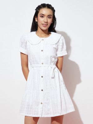 Spunkies Girls Above Knee Casual Dress(White, Short Sleeve)