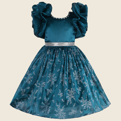 Wishkaro Girls Midi/Knee Length Party Dress(Blue, Short Sleeve)
