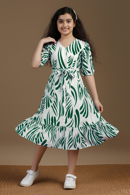 Fashion Dream Girls Calf Length Casual Dress(Green, Half Sleeve)