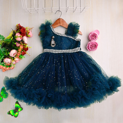LM FASHION Indi Baby Girls Below Knee Party Dress(Blue, Sleeveless)