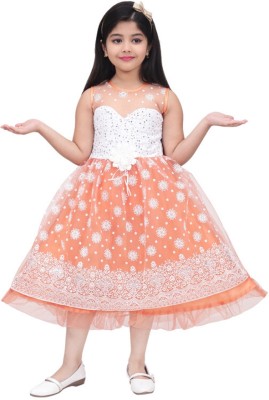 mallick creation Girls Calf Length Festive/Wedding Dress(Orange, Sleeveless)