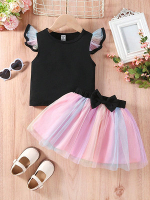 PAMBERSTON Girls Midi/Knee Length Party Dress(Black, Pink, Sleeveless)