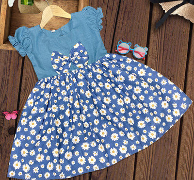 Dwarika Indi Girls Midi/Knee Length Casual Dress(Blue, Short Sleeve)