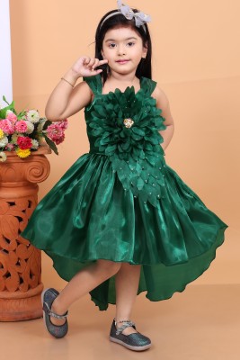 Bongprince Girls Below Knee Festive/Wedding Dress(Dark Green, Sleeveless)