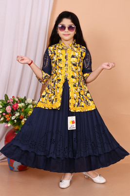 Smsarful Girls Maxi/Full Length Party Dress(Yellow, Blue, Half Sleeve)