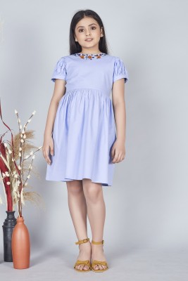 Mirrow Trade Girls Midi/Knee Length Casual Dress(Light Blue, Short Sleeve)