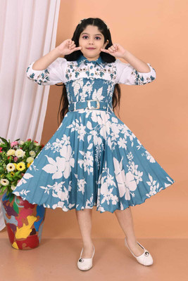 Unique Creation Indi Girls Midi/Knee Length Party Dress(Blue, 3/4 Sleeve)