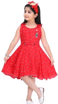 Funnyboo Girls Midi/Knee Length Casual Dress(Red, Sleeveless)