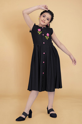 Miss & Chief Girls Midi/Knee Length Party Dress(Black, Sleeveless)