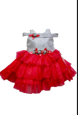 aruna creation Baby Girls Midi/Knee Length Party Dress(Red, White, Short Sleeve)