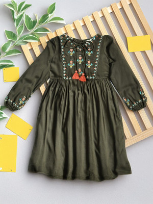 Bella Moda Girls Midi/Knee Length Casual Dress(Green, 3/4 Sleeve)