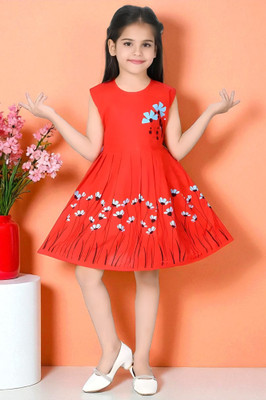 SS QUEEN GARMENTS Girls Midi/Knee Length Casual Dress(Red, Sleeveless)