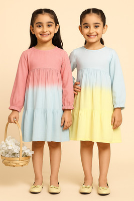 maaesa Girls Midi/Knee Length Casual Dress(Pink, Yellow, Cap Sleeve)