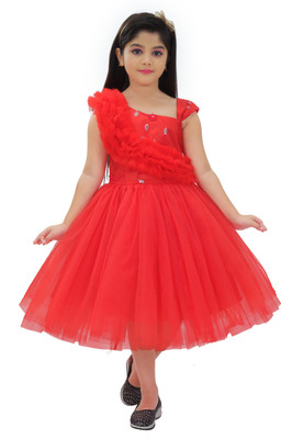 Bongprince Girls Midi/Knee Length Festive/Wedding Dress(Red, Sleeveless)