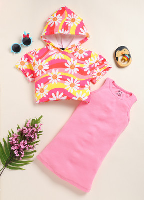 Yk Girls Midi/Knee Length Casual Dress(Pink, Short Sleeve)