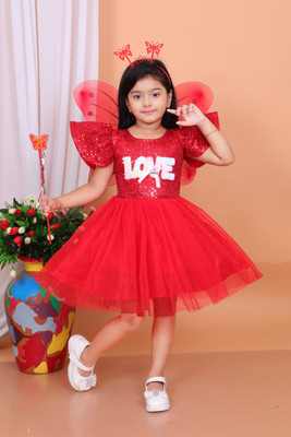 NHPREMIUM Girls Midi/Knee Length Party Dress(Red, Half Sleeve)