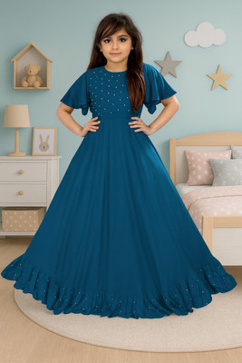 devdatt Girls Maxi/Full Length Festive/Wedding Dress(Blue, Roll-up Sleeve)