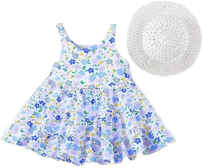 Bold N Elegant Indi Girls Midi/Knee Length Casual Dress(Blue, Multicolor, Sleeveless)