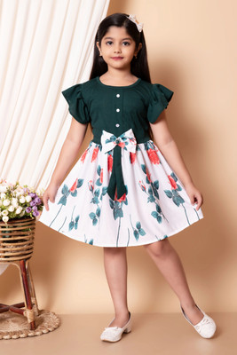 BACCHAGANG Girls Midi/Knee Length Casual Dress(Dark Green, Short Sleeve)