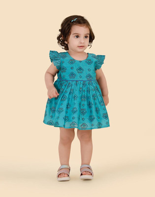 Fabindia Baby Girls Mini/Short Casual Dress(Blue, Short Sleeve)