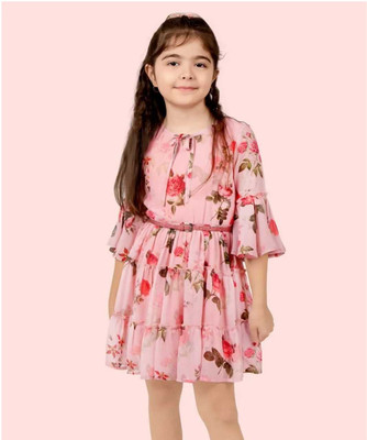 KidsCute Baby Girls Above Knee Casual Dress(Pink, 3/4 Sleeve)