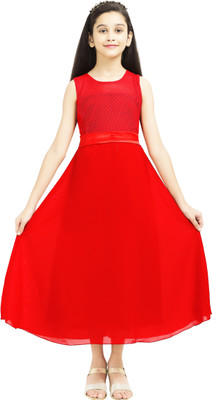 AD & AV Girls Below Knee Casual Dress(Red, Sleeveless)