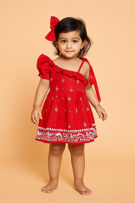 LIAM FASHION Indi Baby Girls Above Knee Festive/Wedding Dress(Red, Short Sleeve)