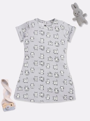 YK X Minute Mirth Girls Midi/Knee Length Casual Dress(Grey, Short Sleeve)