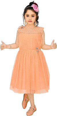 WILD EMPIRE Girls Calf Length Casual Dress(Orange, Sleeveless)