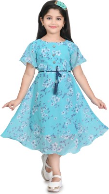 MEHZIN Girls Calf Length Casual Dress(Blue, Half Sleeve)