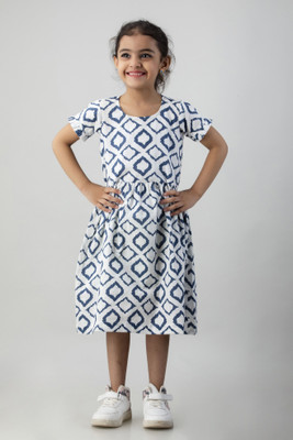 JAANYA Indi Girls Below Knee Casual Dress(White, Half Sleeve)
