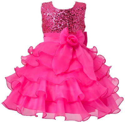 Shahina Fashion Girls Midi/Knee Length Party Dress(Pink, Sleeveless)