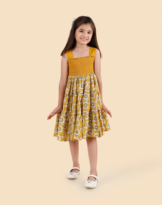 Fabindia Indi Girls Midi/Knee Length Casual Dress(Yellow, Sleeveless)