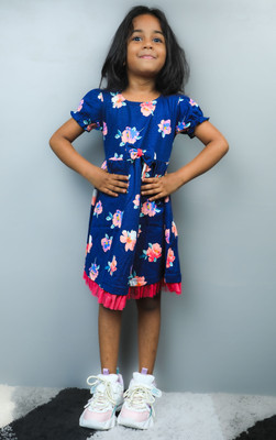 YOUR S LABEL Indi Girls Below Knee Casual Dress(Blue, Half Sleeve)