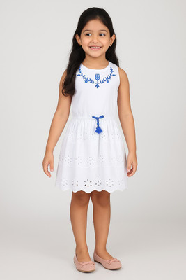 Miyo Indi Girls Midi/Knee Length Festive/Wedding Dress(White, Sleeveless)