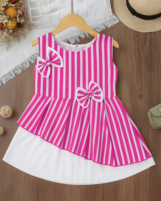 S NAFISHA DRESSES N/A Girls Midi/Knee Length Festive/Wedding Dress(Pink, White, Sleeveless)