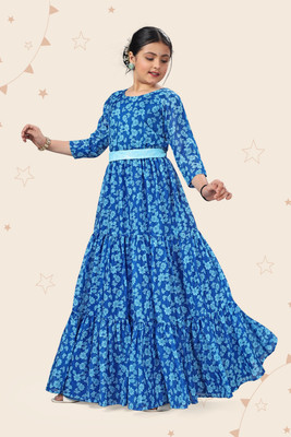 Kidotsav Girls Maxi/Full Length Casual Dress(Blue, 3/4 Sleeve)