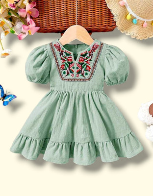 Twinkle Fashion Girls Below Knee Casual Dress(Green, Short Sleeve)