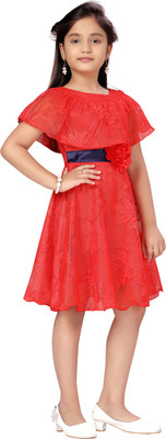 Aarika Girls Midi/Knee Length Party Dress(Red, Sleeveless)