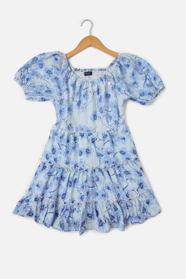 Allen Solly Girls Below Knee Casual Dress(White, Blue, Short Sleeve)