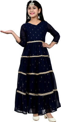 Arshia Fashions Girls Maxi/Full Length Party Dress(Blue, 3/4 Sleeve)