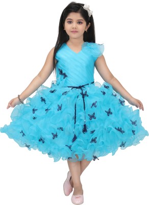 JhilikGarments Girls Midi/Knee Length Festive/Wedding Dress(Blue, Sleeveless)