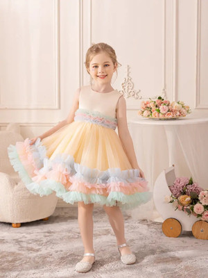 MANSI FASHION Girls Midi/Knee Length Party Dress(Yellow, Sleeveless)