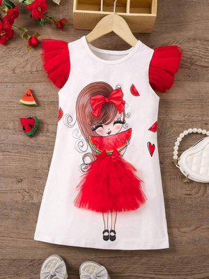 Dhanvi Dresses Girls Midi/Knee Length Party Dress(White, Red, Short Sleeve)