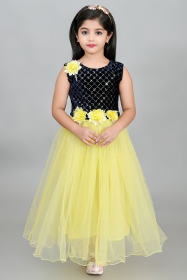 MODERN DREAM Indi Girls Maxi/Full Length Festive/Wedding Dress(Yellow, Sleeveless)