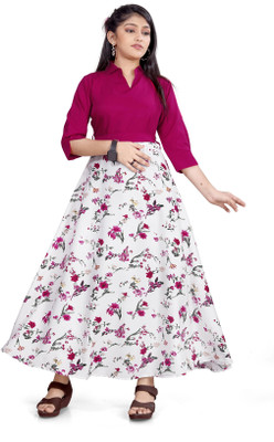 Aarya Designer Girls Maxi/Full Length Casual Dress(Pink, 3/4 Sleeve)