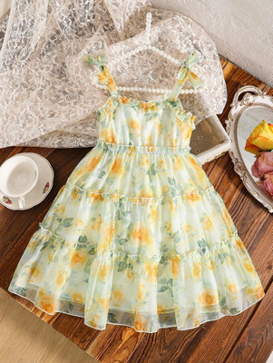 Miss & Chief Girls Midi/Knee Length Party Dress(Yellow, Sleeveless)