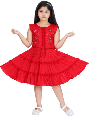 HMS KOLKATA Girls Midi/Knee Length Casual Dress(Red, Sleeveless)