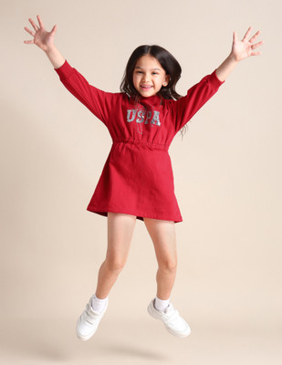 U.S. POLO ASSN. Girls Mini/Short Casual Dress(Red, 3/4 Sleeve)