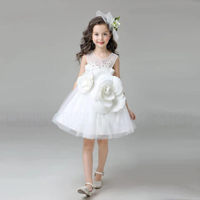 MUSKAN BEAUTY COLLECTION Indi Girls Midi/Knee Length Casual Dress(White, Sleeveless)